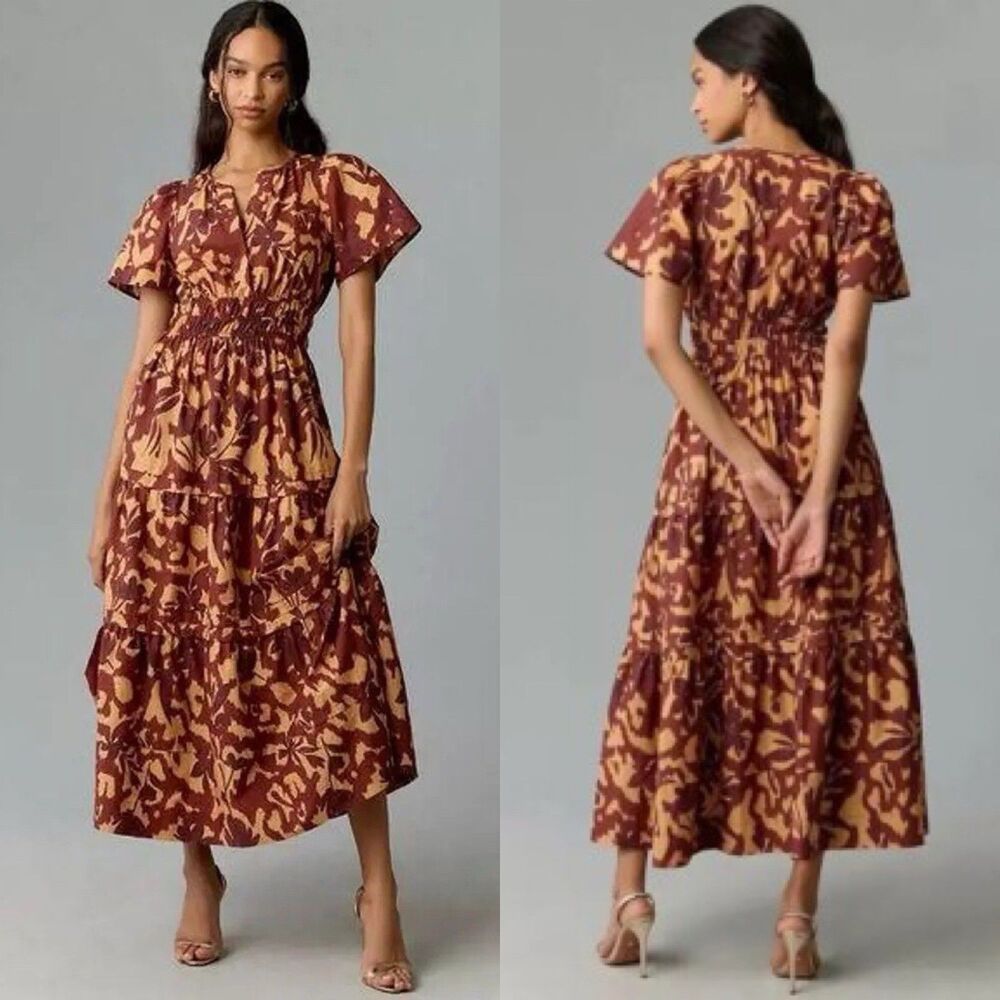 Anthropologie Women Sz 1X The Somerset Maxi Dress Copper Floral Botanical Print